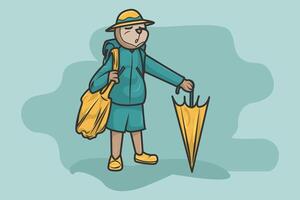 Illustration of a slow loris with things in a bag that is tired and sleepy then props her body with a yellow umbrella vector