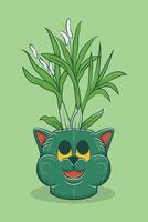 Illustration of a moon orchid plant in a pot in the shape of a cat's head on a lime green background vector