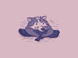 Illustration of a raccoon character hugging a tree trunk on the water vector