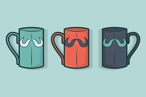Illustration of a glass with a mustache motif in three color variants on a light blue background vector