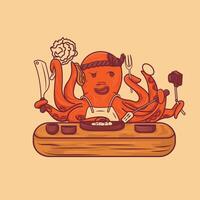An illustration of an octopus character that is very versatile, starting from cooking, vlogging by utilizing all of its tentacles vector