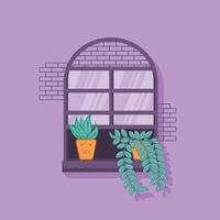 window design with cute plants in a flat design style vector