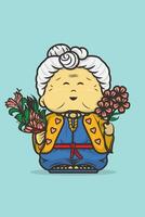 Illustration of happy old grandmother with many flowers in both hands vector