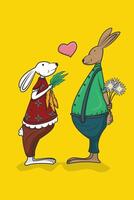 Illustration of a rabbit man giving a female bunny how many flowers when she is in love on a yellow background vector