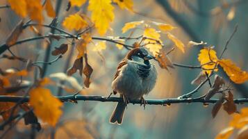 a cute sparrow perching on a branch in autumn forest photo