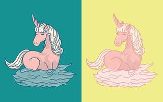 Illustration of a cute unicorn in a cloud on two different backgrounds vector
