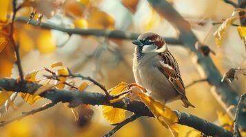 a cute sparrow perching on a branch in autumn forest photo