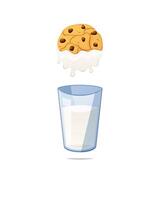 Chocolate chip cookies dipped in a glass of milk isolated on white background. vector