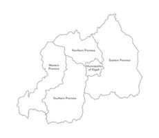 isolated illustration of simplified administrative map of Rwanda. Borders and names of the regions. Black line silhouettes vector