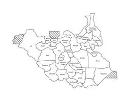 isolated illustration of simplified administrative map of South Sudan. Borders and names of the states, regions. Black line silhouettes. vector