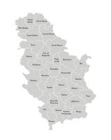 isolated illustration of simplified administrative map of Serbia. Borders and names of the districts, regions. Grey silhouettes. White outline. vector