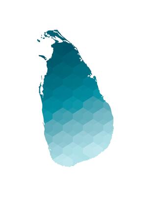 isolated illustration icon with simplified blue silhouette of Sri Lanka map. Polygonal geometric style. White background.