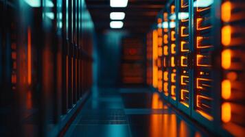 Dynamic data center illuminated by a symphony of blue and orange lights photo