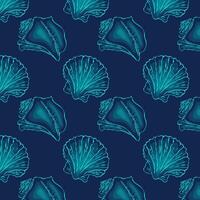 Marine pattern in dark blue. Ocean and sea design background with hand drawn seashells. vector