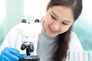 Scientist analyze biochemical samples in advanced scientific laboratory. Medical professional use microscope look microbiological developmental of viral. Biotechnology research in science lab. photo