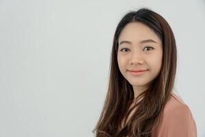 working woman, smiling Asia girl in work clothes, freelance, out site, research, copy space, happy cheerful cute business, positive energy, Business plan, female executive, work from home photo