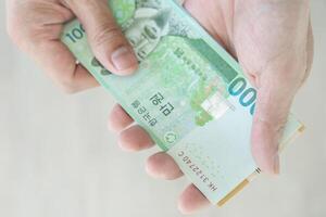 currency of Korea which is used to represent value in exchange and the won is the main currency of Korean people. Korean won notes for money concept background. photo