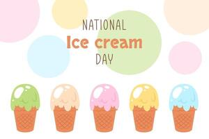 Ice cream day. Greeting banner with color Tasty icecream balls in waffle cones. Set of delicious icecream scoops with various fruit topping and flavor. flat cartoon illustration vector