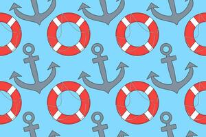 Seamless pattern featuring anchors and lifebuoys on a light blue background. Ideal for nautical and summertime designs. vector