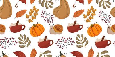 Seamless autumn pattern, cozy elements such as orange pumpkins, cinnamon spiced hot beverages in red mugs, fall leaves, berries, and a cute snail. Warm seasonal motif for textiles and decorations. vector