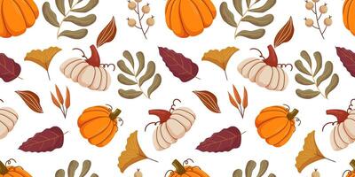 Seamless pattern autumn themed elements, including orange and white pumpkins, various types of fall leaves in shades of brown, yellow, and burgundy, and small berries. Fall mood textile print vector