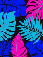 Bright background with silhouettes of tropical leaves of various bright colors. The background has a whimsical and playful look, ideal for use in digital design or illustration. vector