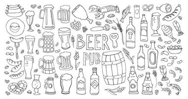 Hand-drawn beer pub elements, including mugs, bottles, snacks, and seafood, on a white background. vector