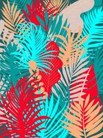 Bright background with silhouettes of tropical leaves in various bright colors, offering a whimsical and playful look, perfect for digital design or illustration vector