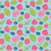 Seamless pattern with strawberries, raspberries, blueberries green leaves on light blue background vector