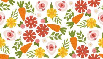 Seamless spring pattern with flowers, carrots, and eggs packaging, and festive decorations vector