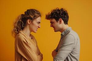 Studio shot of stressed couple arguing. Angry, misunderstanding and relationship problems concept photo