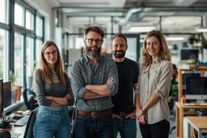 Portrait of happy creative business team standing togethe in office. colleague, teamwork concept photo