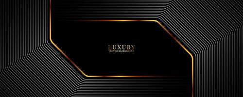 3D black luxury abstract background on dark space with gray stripes effect decoration. Modern graphic design element golden rounded lines style concept for web banner, flyer, card, or brochure cover vector