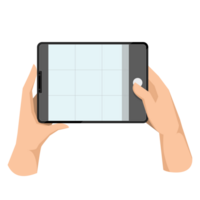 Two hands holding tablet, taking tablet photo. Making photograph with grid on tablet screen. Using camera for shooting png