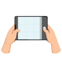 Two hands holding tablet, taking tablet photo. Making photograph with grid on tablet screen. Using camera for shooting png