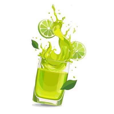 Splashes of yellow freshly and healthy lime juice with fruit slices and green leaves. clipart in flat style with citrus drink isolated on white background for card, banner, flyer, design