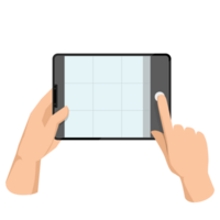 Two hands holding tablet, taking tablet photo. Making photograph with grid on tablet screen. Using camera for shooting png