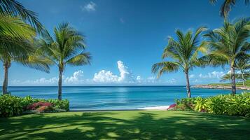 Vibrant green field stretches alongside oceans coast under blue clear sky photo