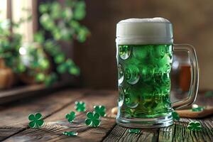 Mug of beer decorated with green shamrocks placed on wooden table. Saint Patrick's day celebration photo