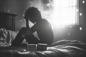 Person sitting on bed while enveloped by cigarette smoke. Alone and sad, unhealthy addiction photo
