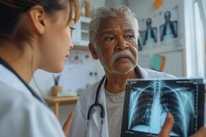 Female radiologist attentively studying chest x-ray image in medical setting. Healthcare photo
