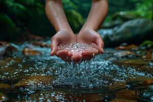 Close-up hands of person holding pure clean water from nature stream or river photo