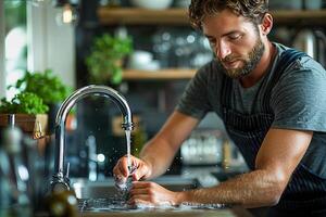 Caucasian man is standing at kitchen sink, washing his hands under running water photo