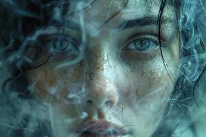 Close-up of womans face enveloped by smoke. Dramatic emotion photo
