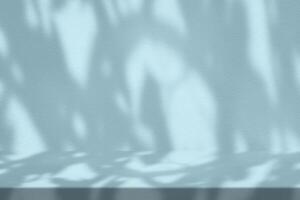 Light Cyan Stucco Table with Nature Shadow on Concrete Wall Texture Background photo