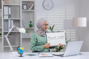 Teacher explaining present simple tense in a virtual class using a whiteboard. Concept of online education, e-learning, and teaching English grammar. photo