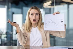 Financial problems of the company. A young business woman sits in the office at the table and sadly shows documents, graphs. Looks indignantly at the camera. inexplicably spreads his hands photo