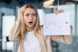 Close-up photo. Portrait of a frustrated business woman who looks sadly into the camera, holds documents with graphs in her hands, holds her head. Financial problems, decline in income. photo