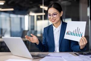 Professional woman in a business suit shows a colorful bar graph chart while conferencing on a laptop. photo