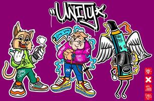 Set of graffiti character illustrations. Graffiti cartoon illustrations vector